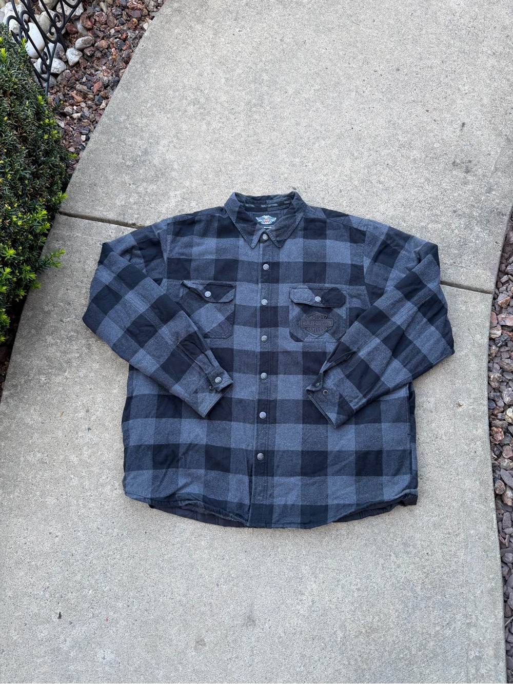 Harley-Davidson Jacket Mens 2XLT Gray Plaid Quilted Flannel Snap Front Lined